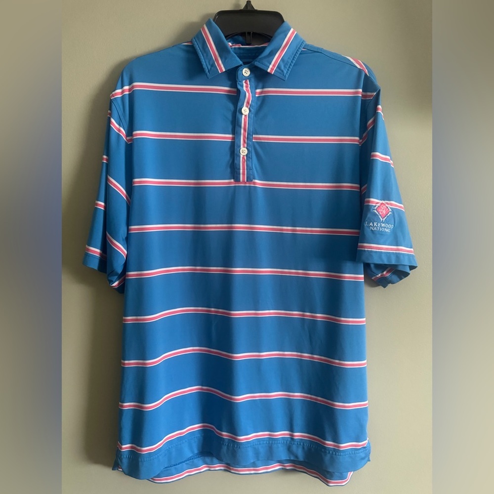 Footjoy Men's Blue Pink Striped Lakewood National Golf Club Golf polo size M